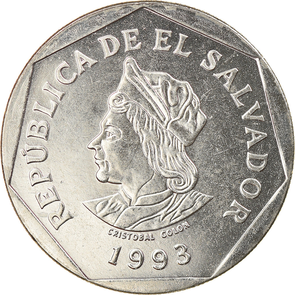 Coin, El Salvador, Colon, 1993, Medal alignment, AU(50-53), Nickel Clad Steel