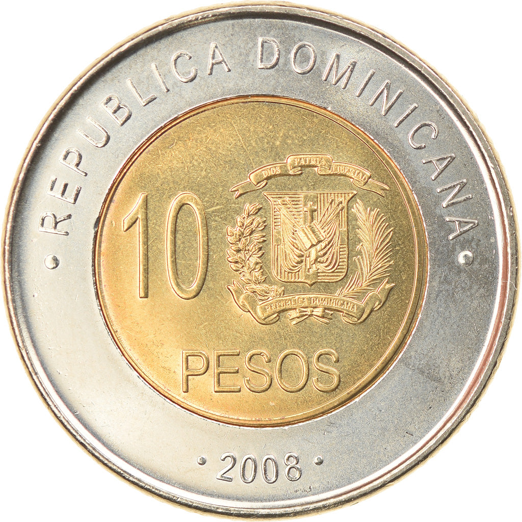 Moneta, Repubblica domenicana, 10 Pesos, 2008, SPL, Bi-metallico, KM:106