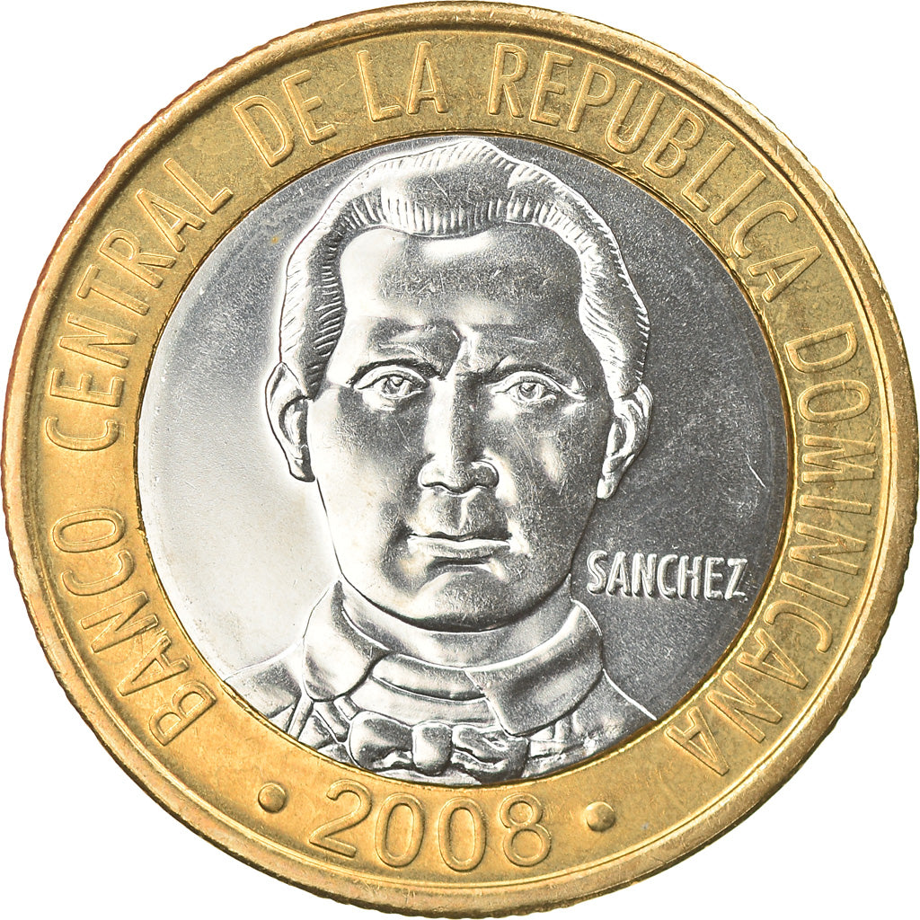 Moeda, República Dominicana, Sanchez, 5 Pesos, 2008, MS(65-70), Bimetálico