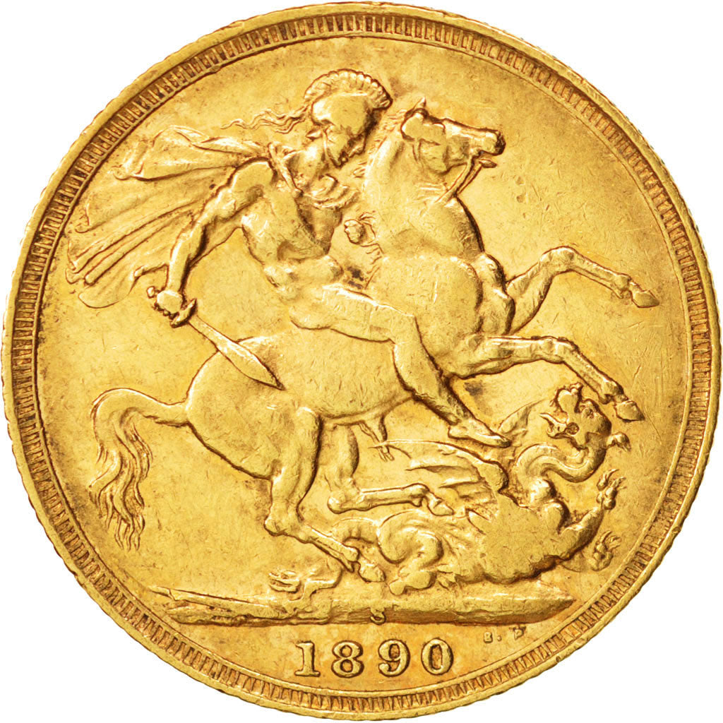 Great Britain, Victoria, Sovereign, 1890, AU(50-53), Gold, KM:767