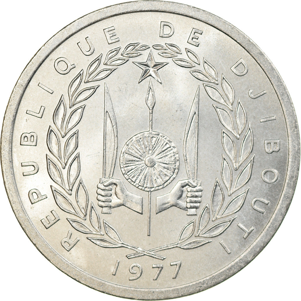 Coin, Djibouti, 2 Francs, 1977, Paris, MS(63), Aluminum, KM:21