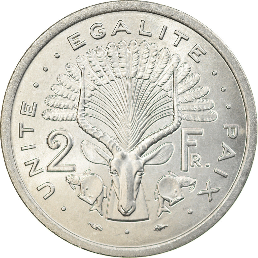 Coin, Djibouti, 2 Francs, 1977, Paris, MS(63), Aluminum, KM:21