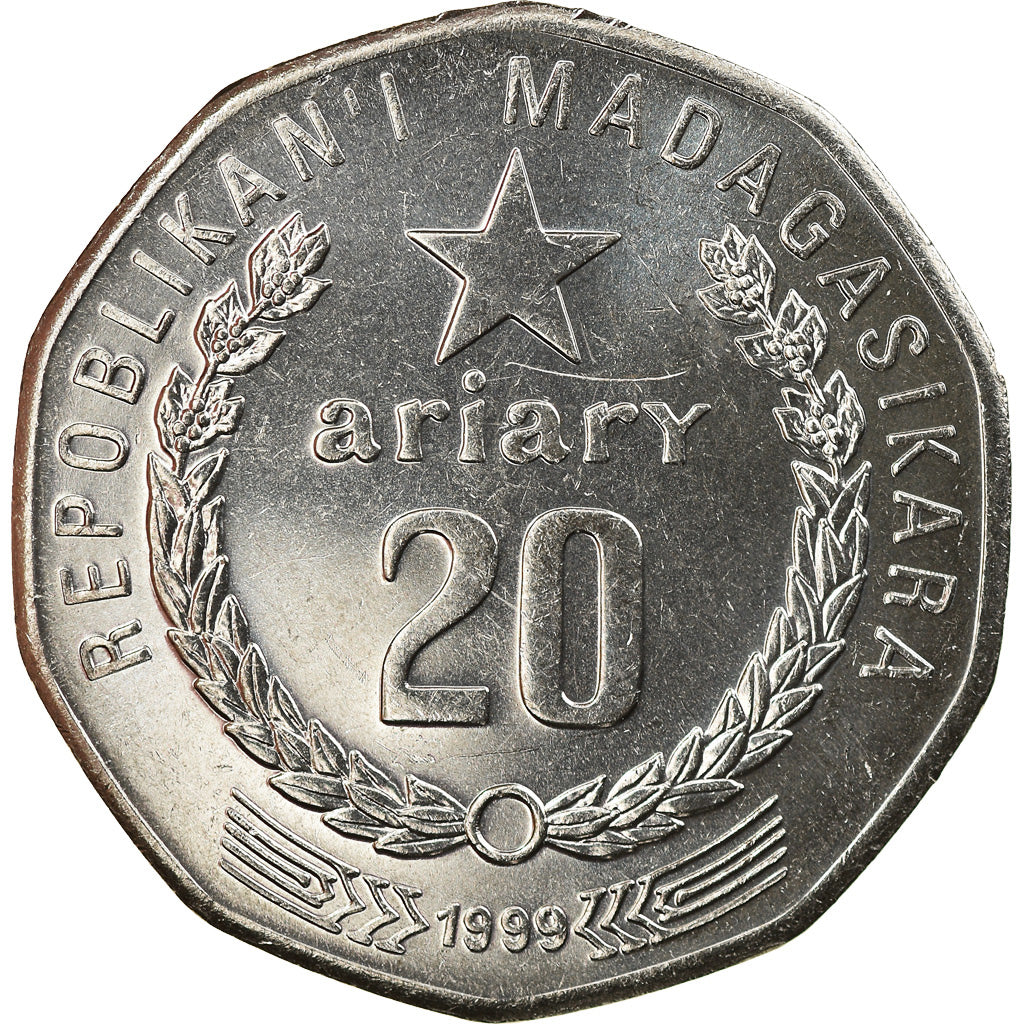 Coin, Madagascar, 20 Ariary, 1999, Royal Canadian Mint, MS(65-70), Nickel Clad