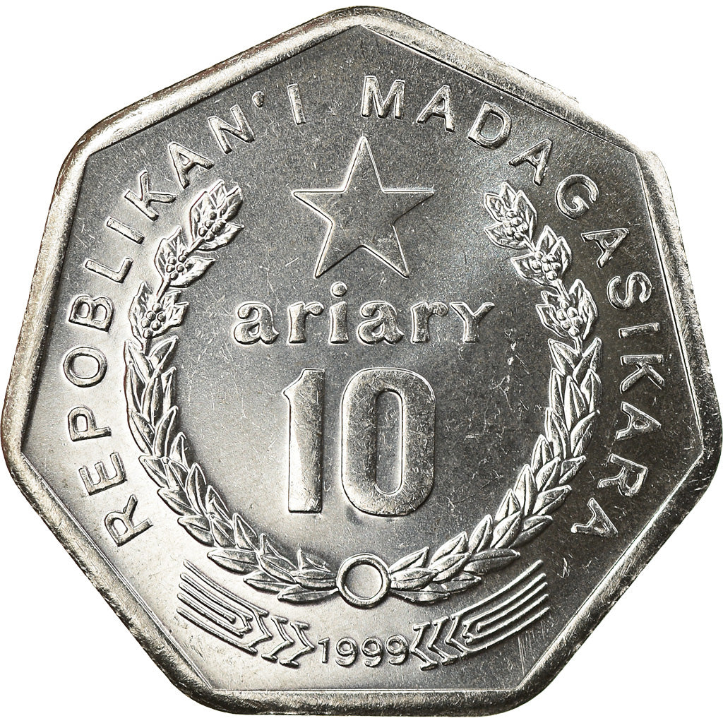 Coin, Madagascar, 10 Ariary, 1999, Royal Canadian Mint, MS(65-70), Stainless