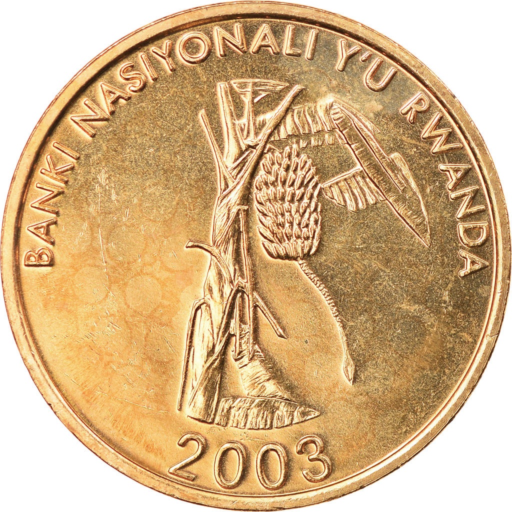 Coin, Rwanda, 10 Francs, 2003, MS(63), Brass plated steel, KM:24