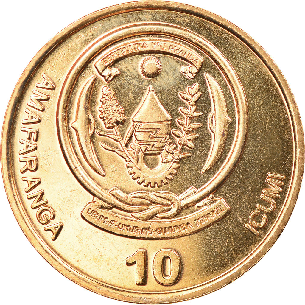 Coin, Rwanda, 10 Francs, 2003, MS(63), Brass plated steel, KM:24