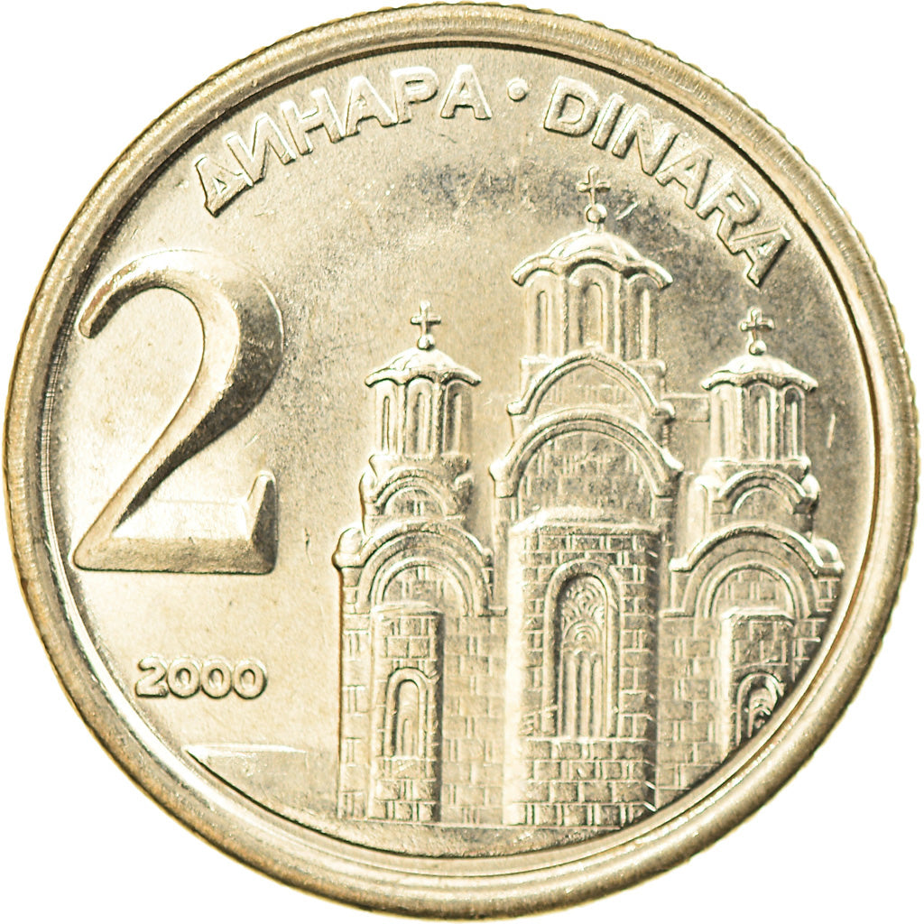 Coin, Yugoslavia, 2 Dinara, 2000, Belgrade, MS(63), Copper-Nickel-Zinc, KM:181