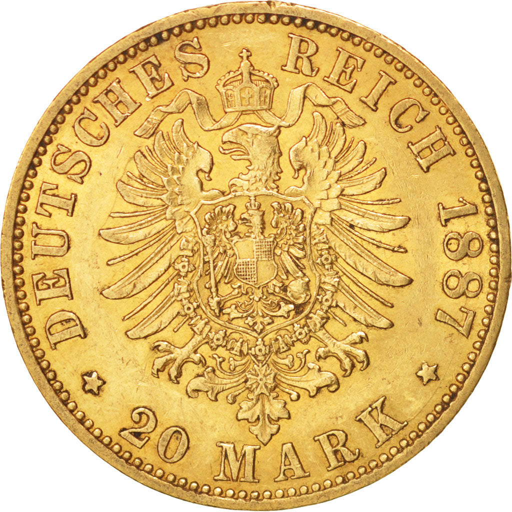 German States, PRUSSIA, Wilhelm I, 20 Mark, 1887, Berlin, AU(55-58),Gold, KM 505