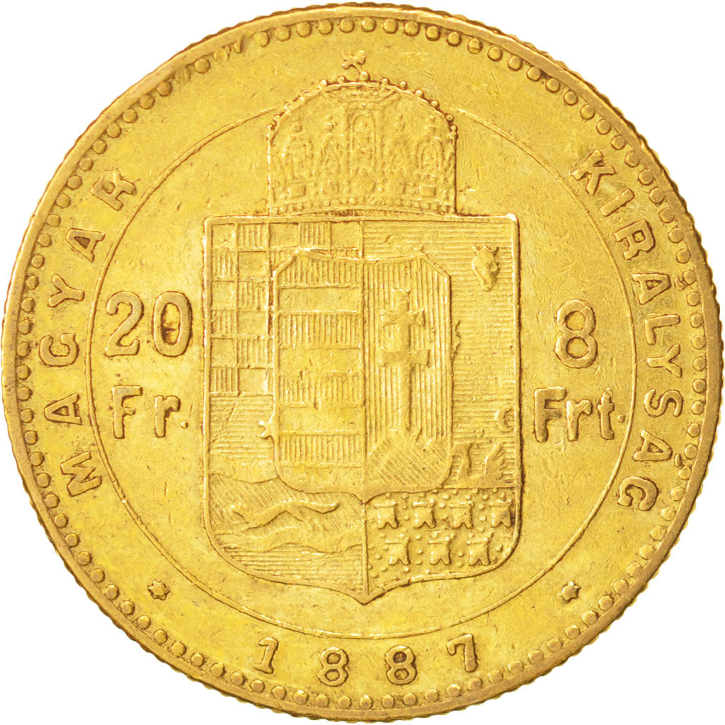 Hungary,Franz Joseph I,8 Forint 20 Francs,1887,Kormoczbanya,EF(40-45),Gold,KM467