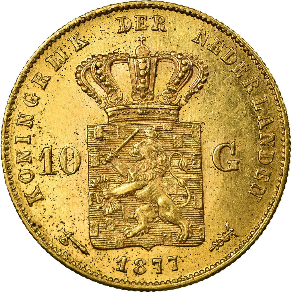 Coin, Netherlands, William III, 10 Gulden, 1877, AU(55-58), Gold, KM:106
