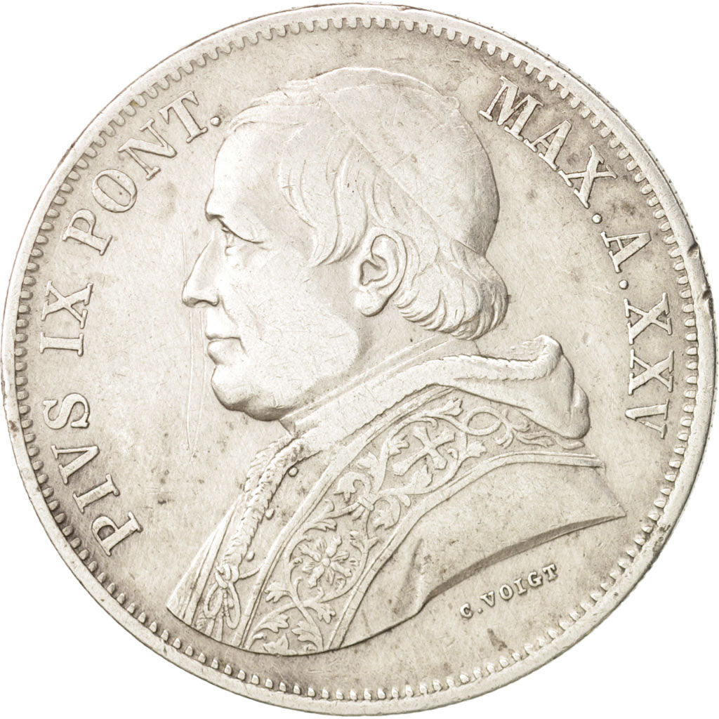ITALIAN STATES,PAPAL STATES, Pius IX,5 Lire,1870, Roma,EF(40-45),Silver,KM 1385