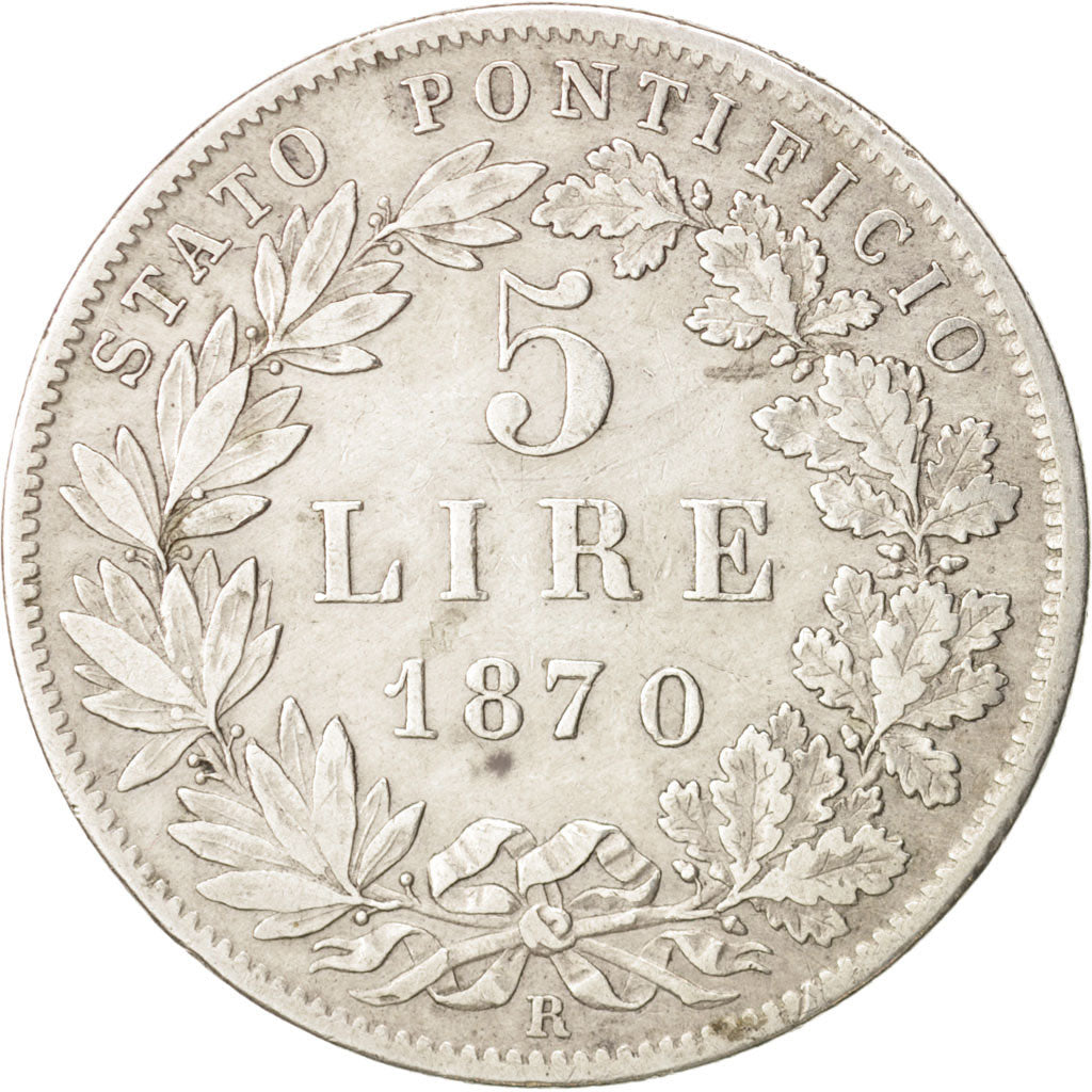 ITALIAN STATES,PAPAL STATES, Pius IX,5 Lire,1870, Roma,EF(40-45),Silver,KM 1385