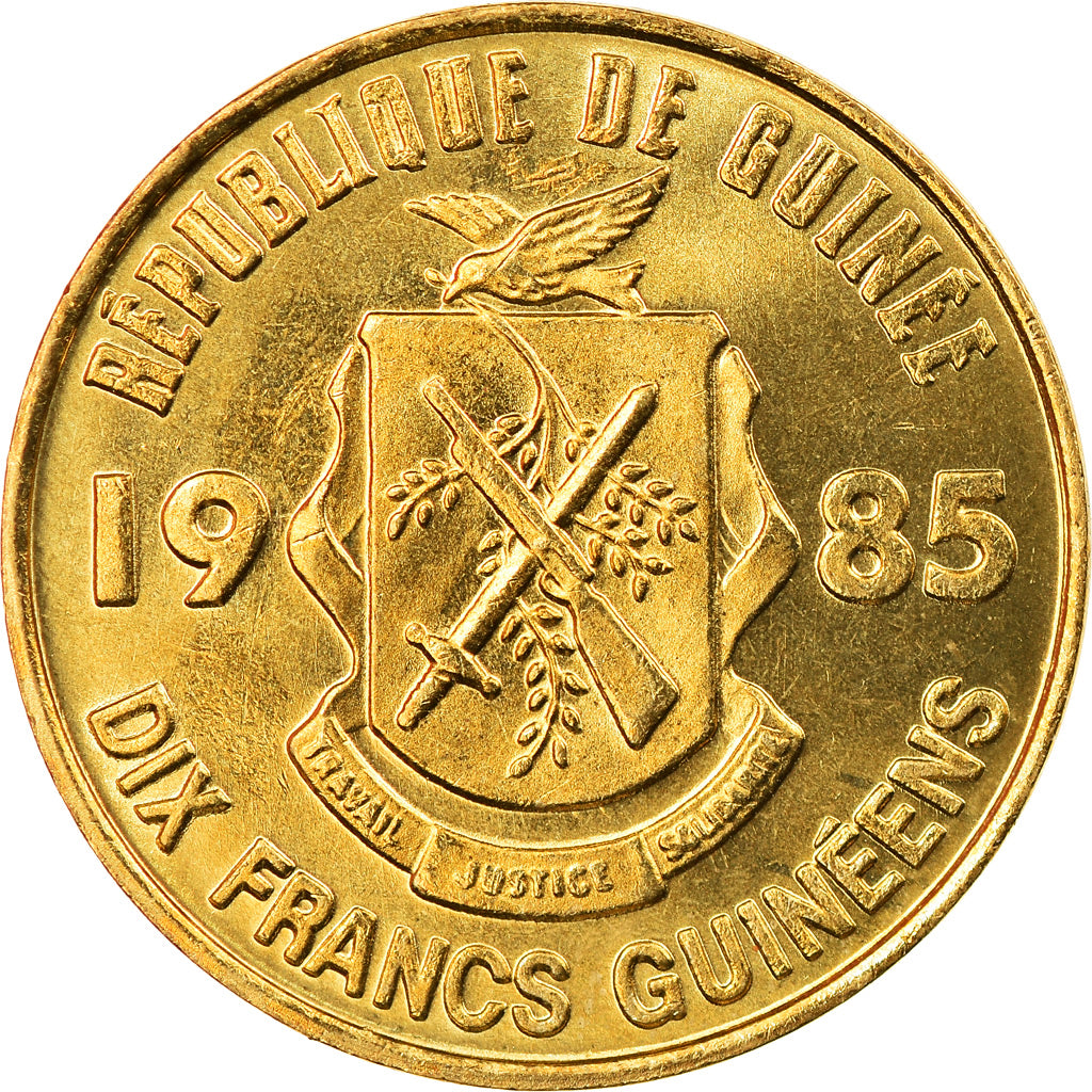 Coin, Guinea, 10 Francs, 1985, MS(63), Brass Clad Steel, KM:52