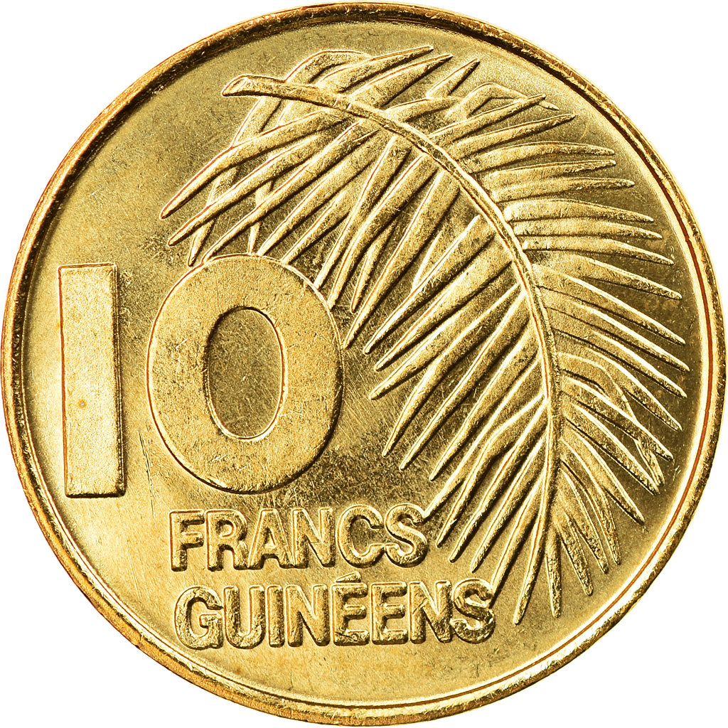 Coin, Guinea, 10 Francs, 1985, MS(63), Brass Clad Steel, KM:52