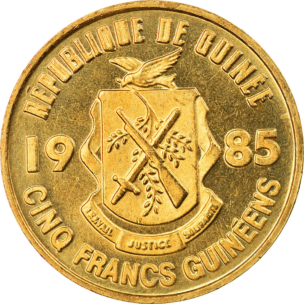 Coin, Guinea, 5 Francs, 1985, MS(63), Brass Clad Steel, KM:53