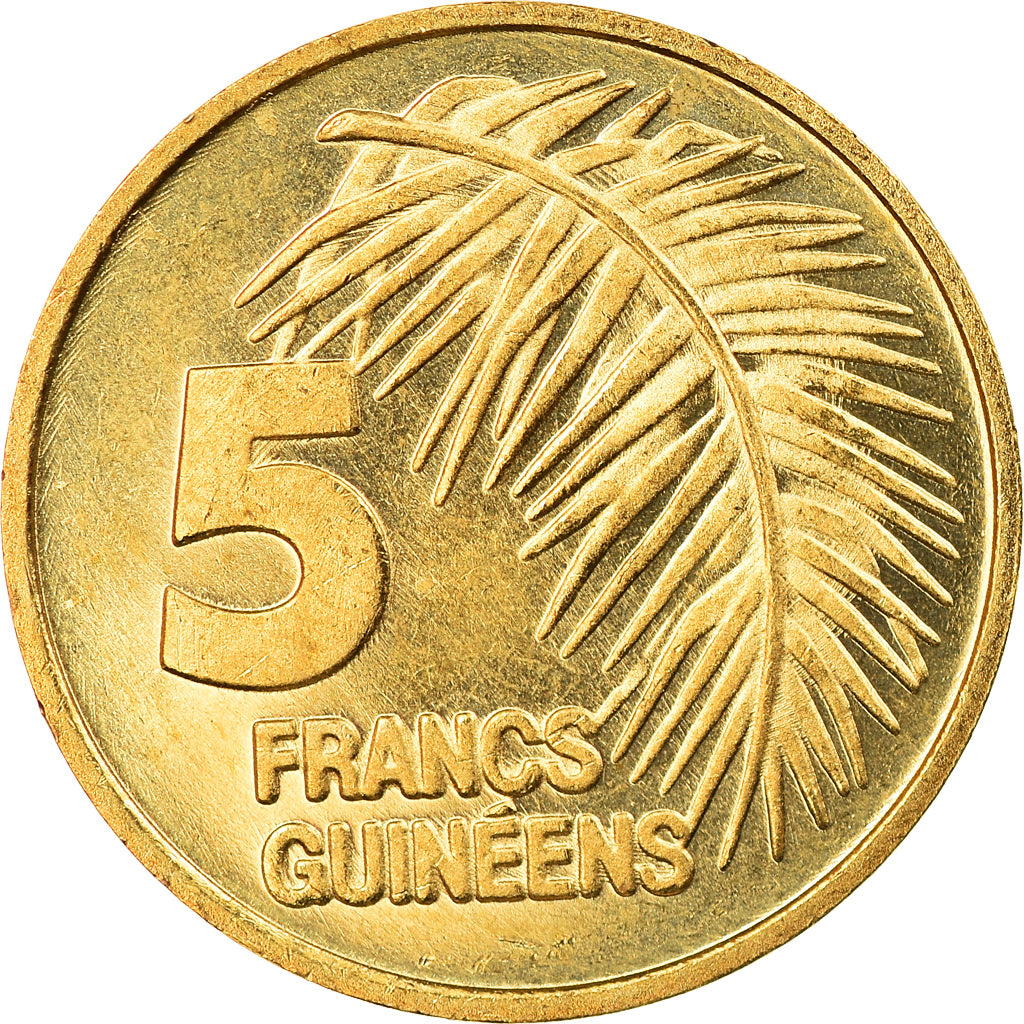 Coin, Guinea, 5 Francs, 1985, MS(63), Brass Clad Steel, KM:53