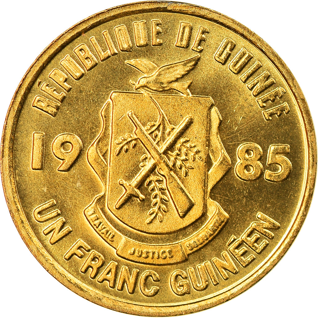 Coin, Guinea, Franc, 1985, MS(63), Brass Clad Steel, KM:56