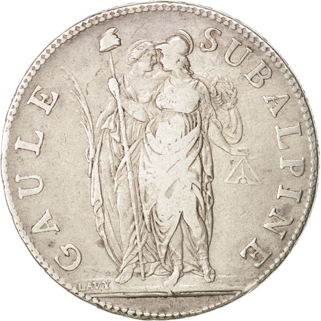 États italiens, PIEDMONT REPUBLIC, 5 Francs, 1801, TB+, Argent, KM:4