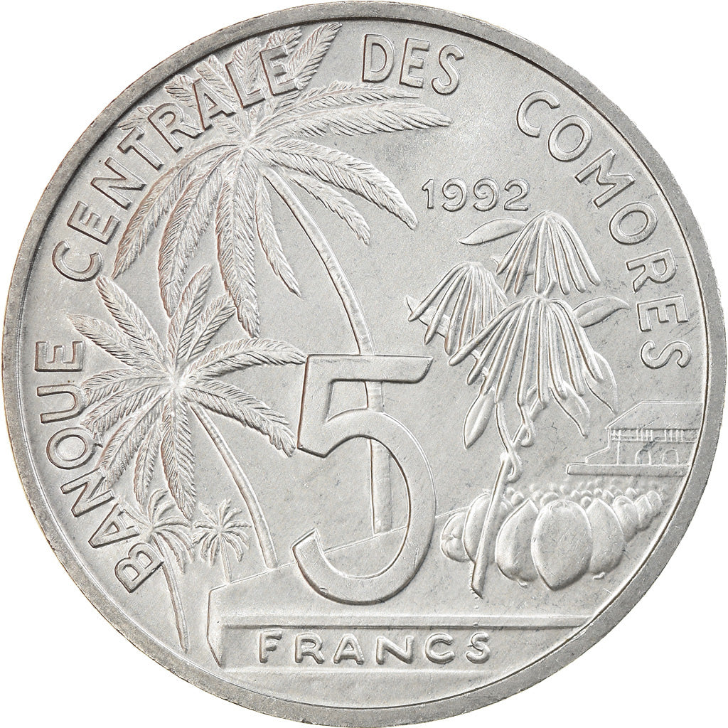 Coin, Comoros, 5 Francs, 1992, Paris, MS(63), Aluminum, KM:15