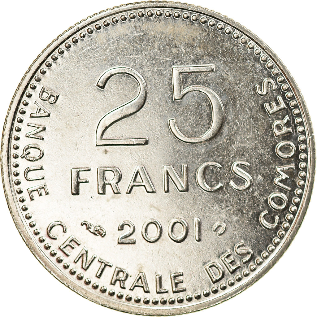 Coin, Comoros, 25 Francs, 2001, Paris, MS(63), Steel, KM:14A