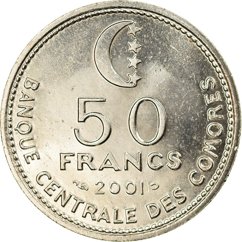 Coin, Comoros, 50 Francs, 2001, Paris, MS(63), Nickel plated steel, KM:16a