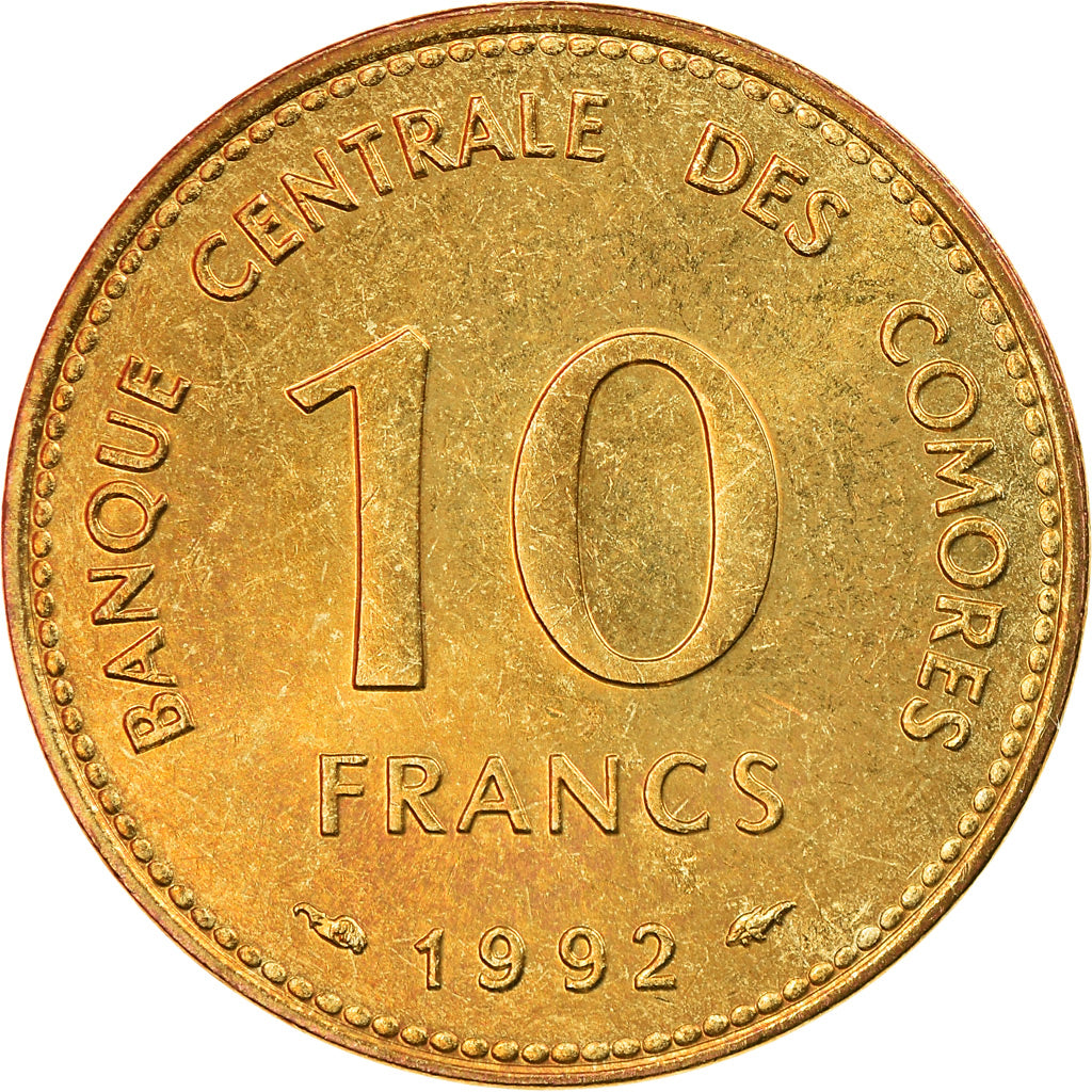 Coin, Comoros, 10 Francs, 1992, Paris, AU(50-53), Aluminum-Bronze, KM:17