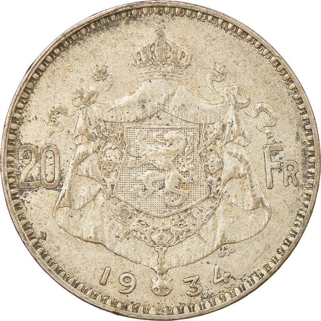 Coin, Belgium, 20 Francs, 20 Frank, 1934, EF(40-45), Silver, KM:103.1