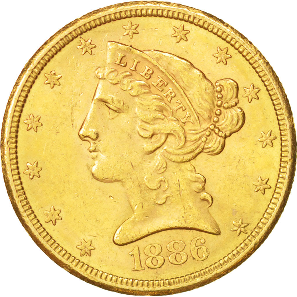United States, Coronet Head, $5, Half Eagle, 1886,San Francisco,AU(50-53),KM 101