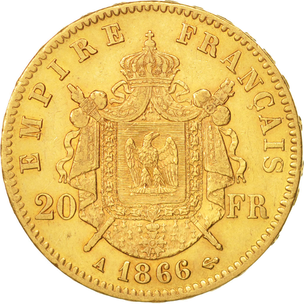 Moneda, Francia, Napoleon III, Napoléon III, 20 Francs, 1866, Paris, MBC+, Oro