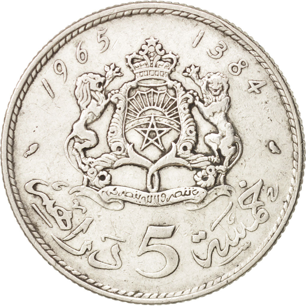 Münze, Marokko, al-Hassan II, 5 Dirhams, 1965, Paris, SS, Silber, KM:57