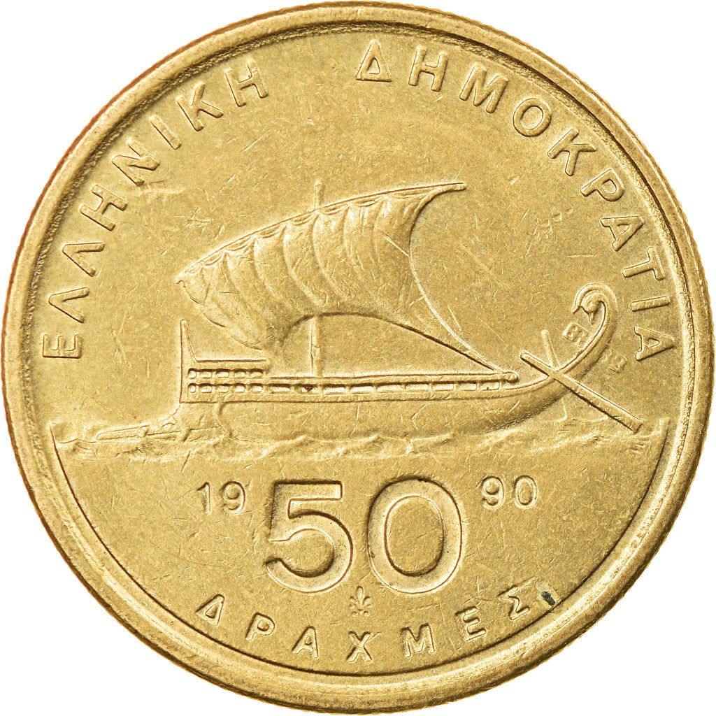 Coin, Greece, 50 Drachmes, 1990, AU(50-53), Aluminum-Bronze, KM:147