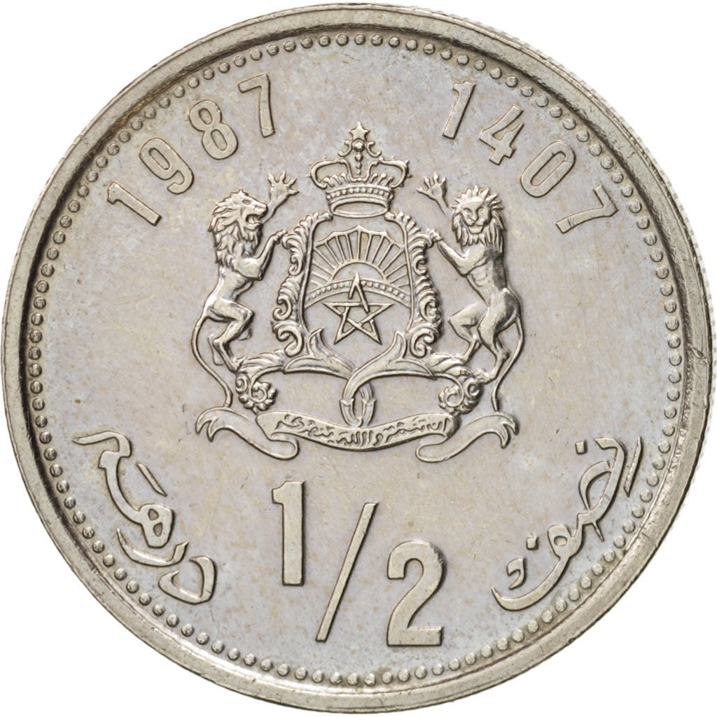 Morocco, al-Hassan II, 1/2 Dirham, 1987, AU(55-58), Copper-nickel, KM:87