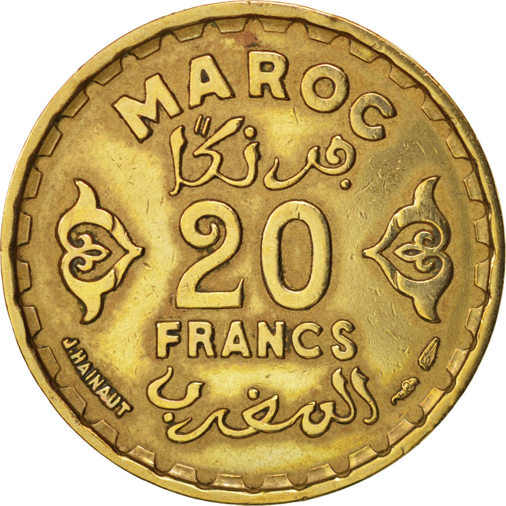 Morocco, Mohammed V, 20 Francs, 1951, Paris, AU(50-53), Aluminum-Bronze, KM:50