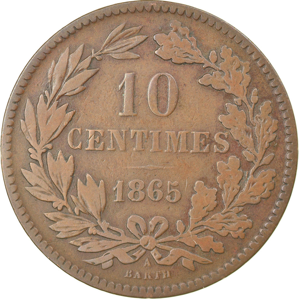 Coin, Luxembourg, William III, 10 Centimes, 1865, Paris, AU(50-53), Bronze