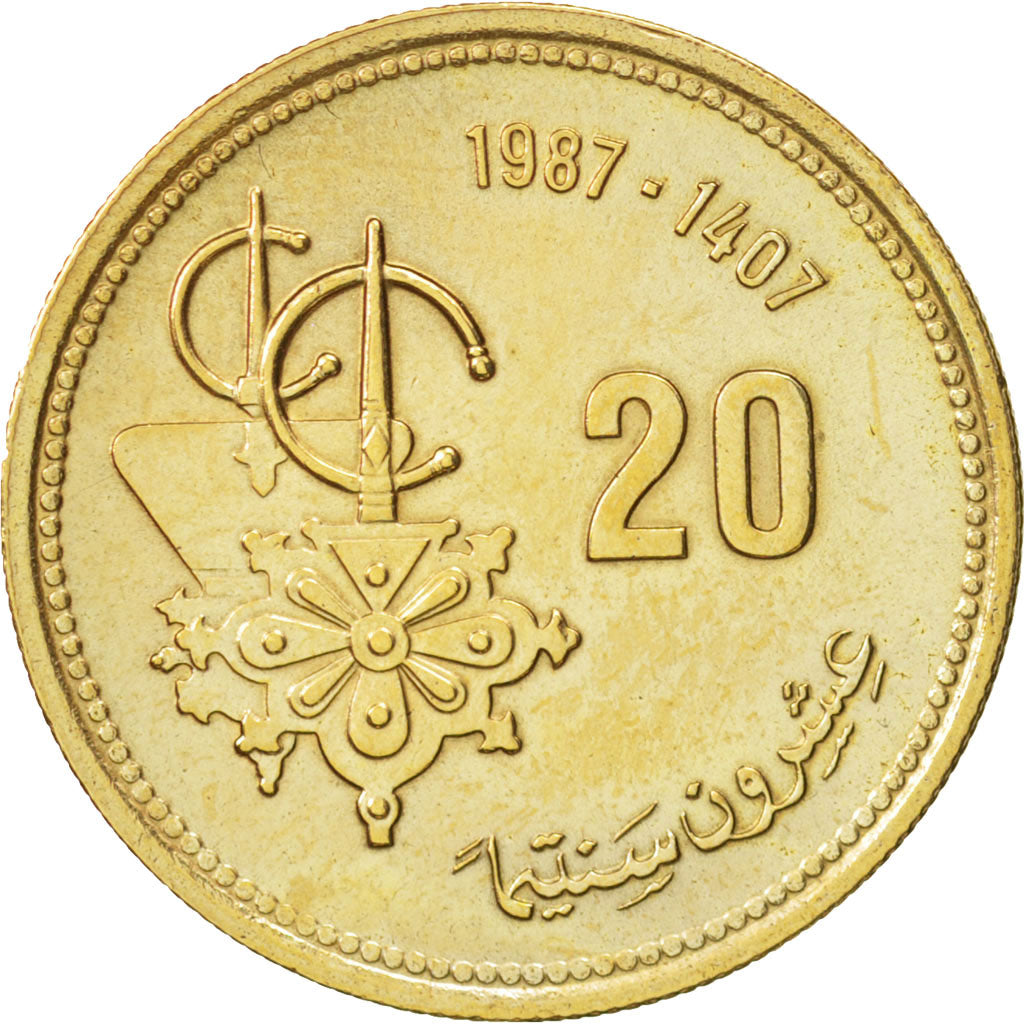 Morocco, al-Hassan II, 20 Santimat, 1987, AU(50-53), Aluminum-Bronze, KM:85