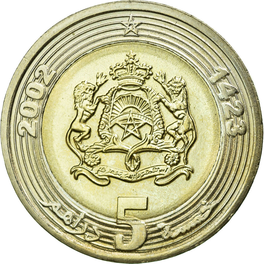 Moneda, Marruecos, Mohammed VI, 5 Dirhams, 2002, EBC, Bimetálico, KM:109