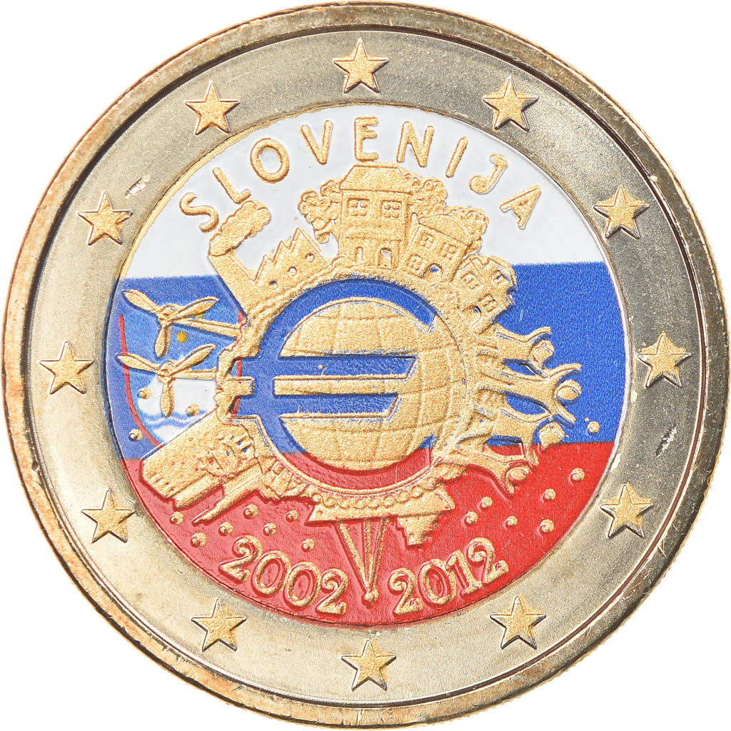 Slovenia, 2 Euro, 10 years euro, 2012, Colourized, MS(65-70), Bi-Metallic