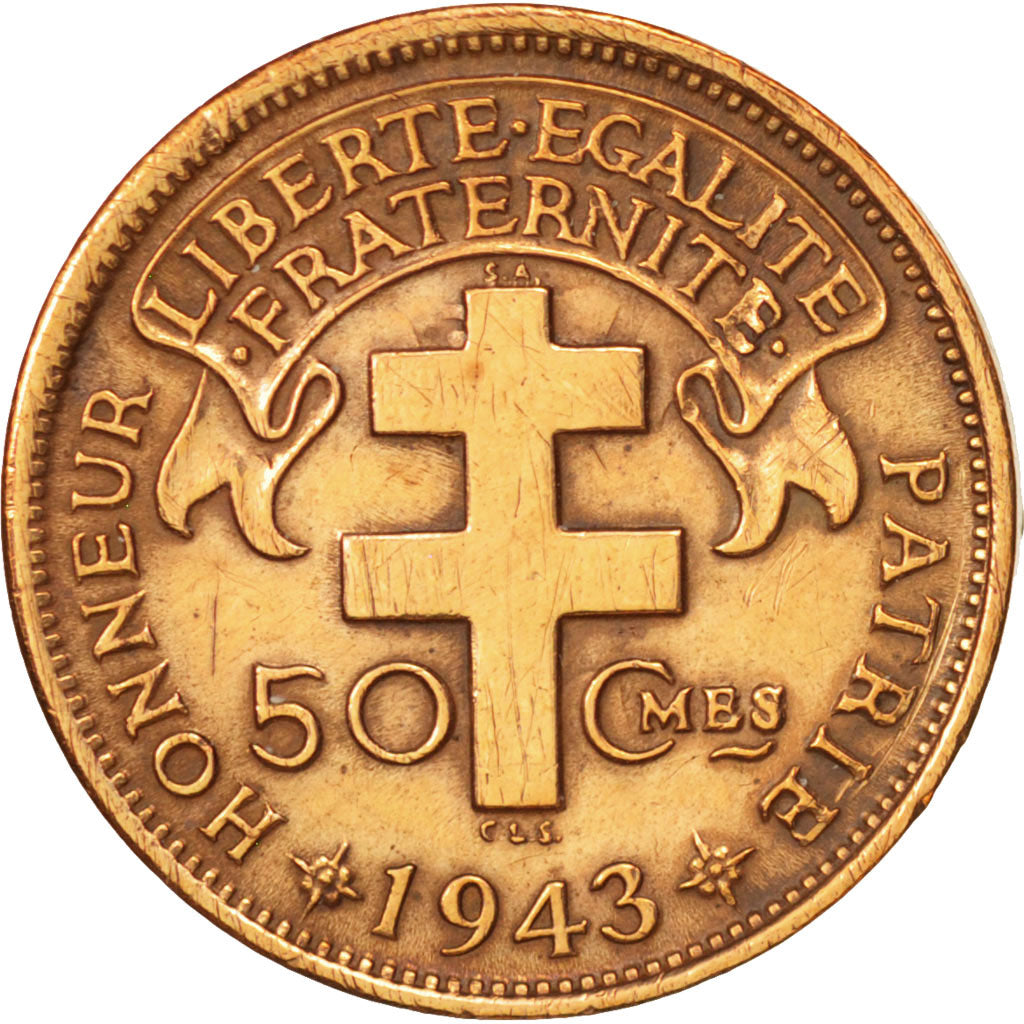 Madagascar, 50 Centimes, 1943, Pretoria, AU(50-53), Bronze, KM:1