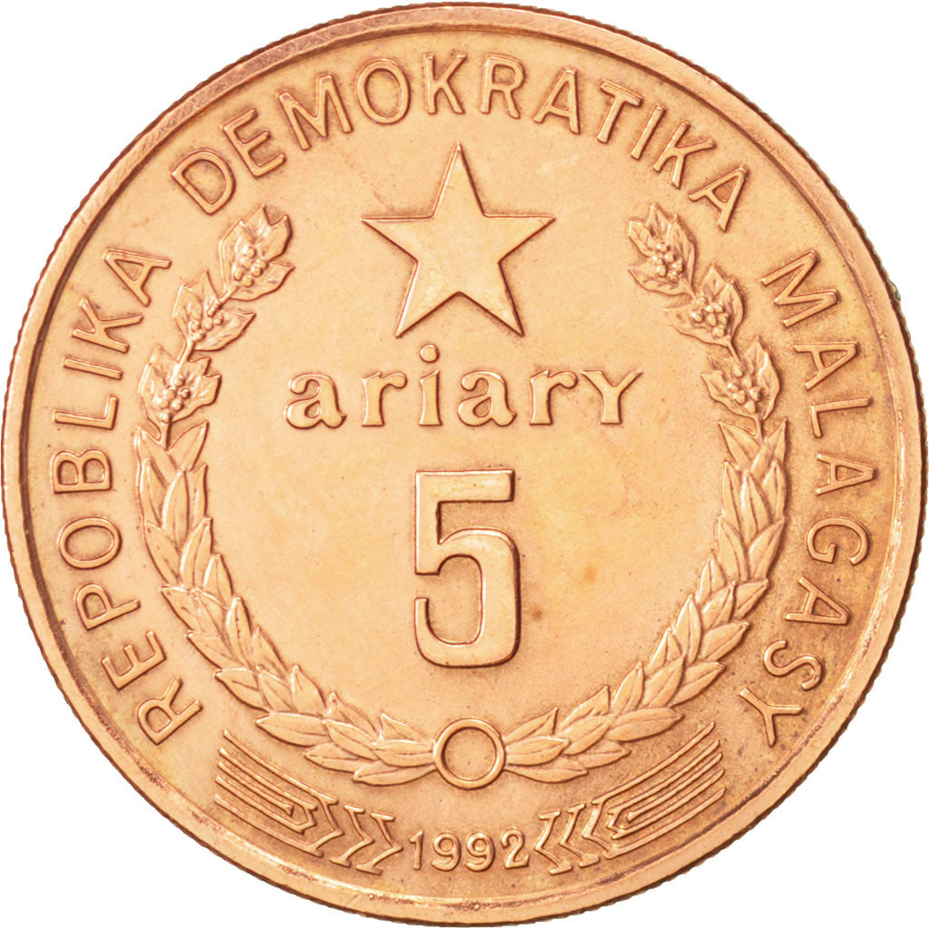 Madagascar, 5 Ariary, 1992, AU(50-53), Copper Plated Steel, KM:17