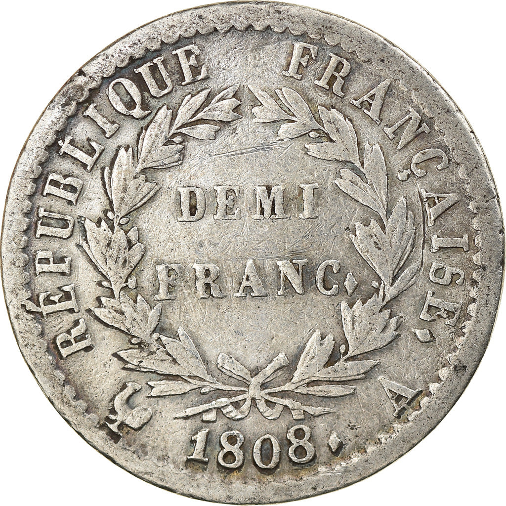 Coin, France, Napoléon I, 1/2 Franc, 1808, Paris, VF(30-35), Silver, KM:680.1