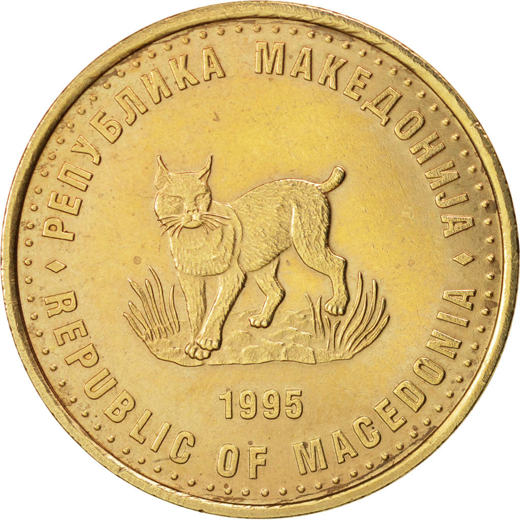 Coin, Macedonia, 5 Denari, 1995, AU(55-58), Brass, KM:7