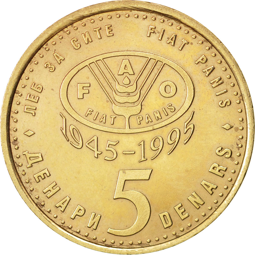Coin, Macedonia, 5 Denari, 1995, AU(55-58), Brass, KM:7