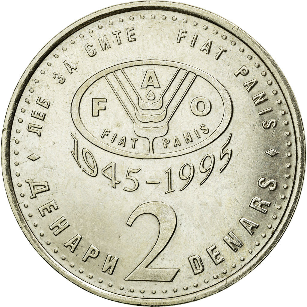 Coin, Macedonia, 2 Denari, 1995, AU(55-58), Brass, KM:6