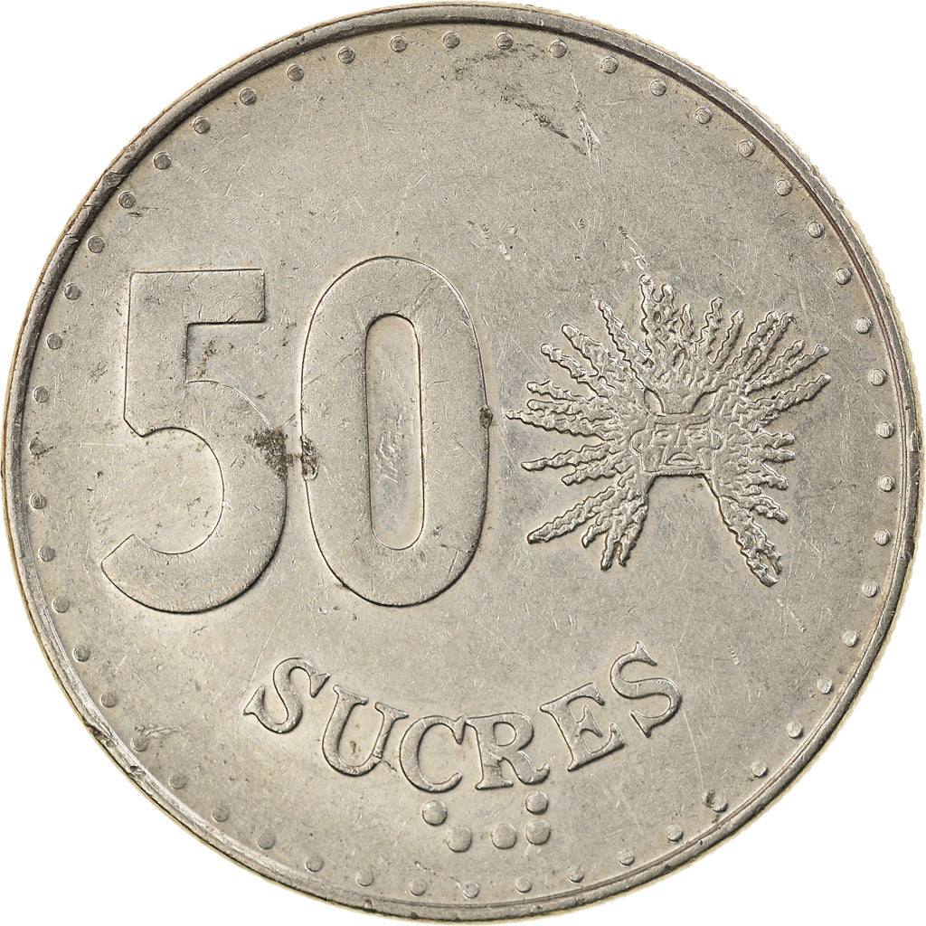 Moneda, Ecuador, 50 Sucres, 1988, BC+, Níquel recubierto de acero, KM:93