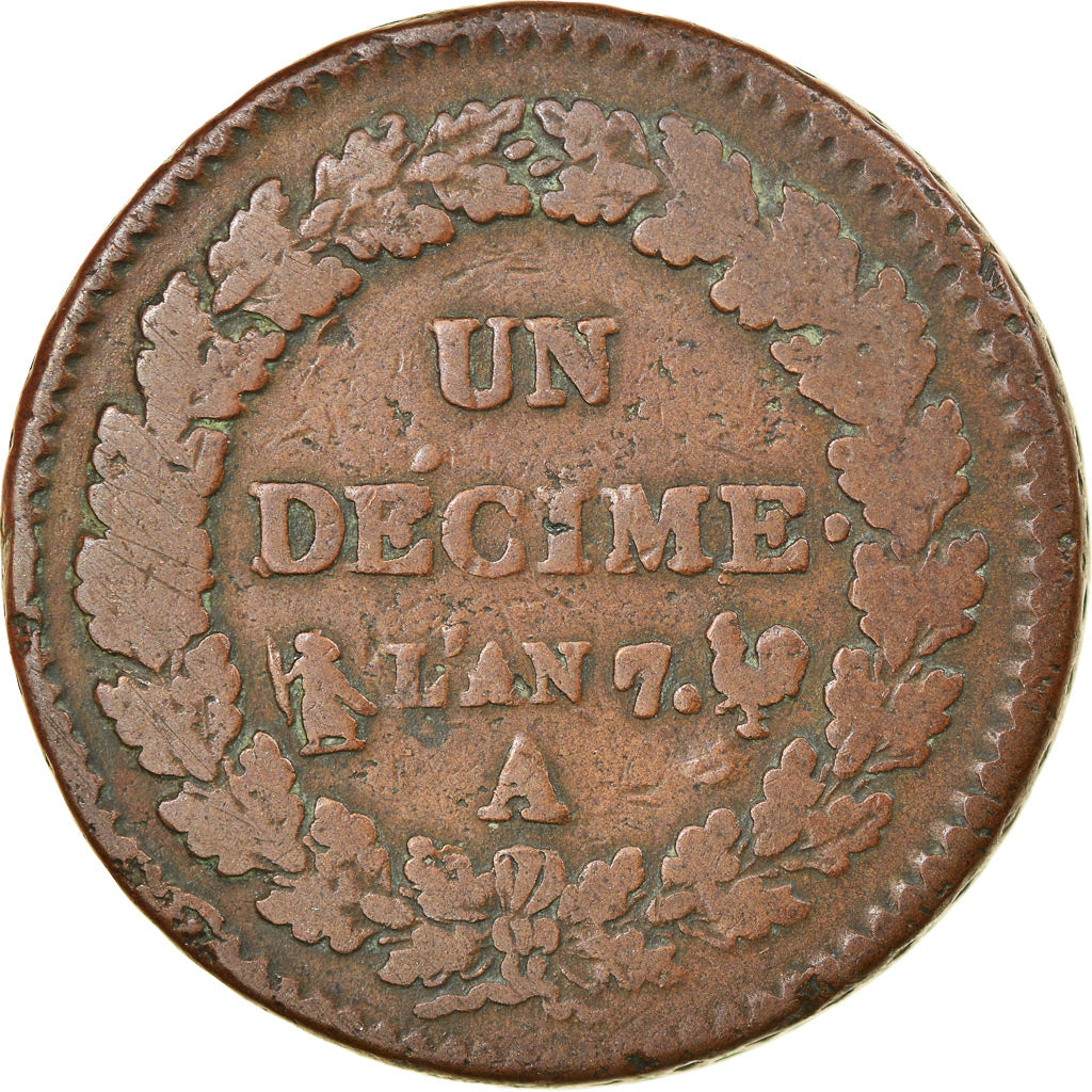 Moneta, Francia, Dupré, Decime, AN 7, Paris, MB, Bronzo, KM:644.1