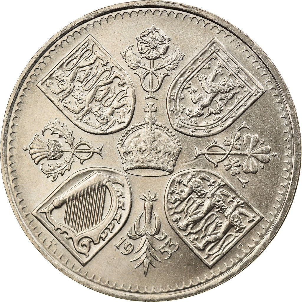 Coin, Great Britain, 5 Shillings, 1953, AU(55-58), Copper-nickel