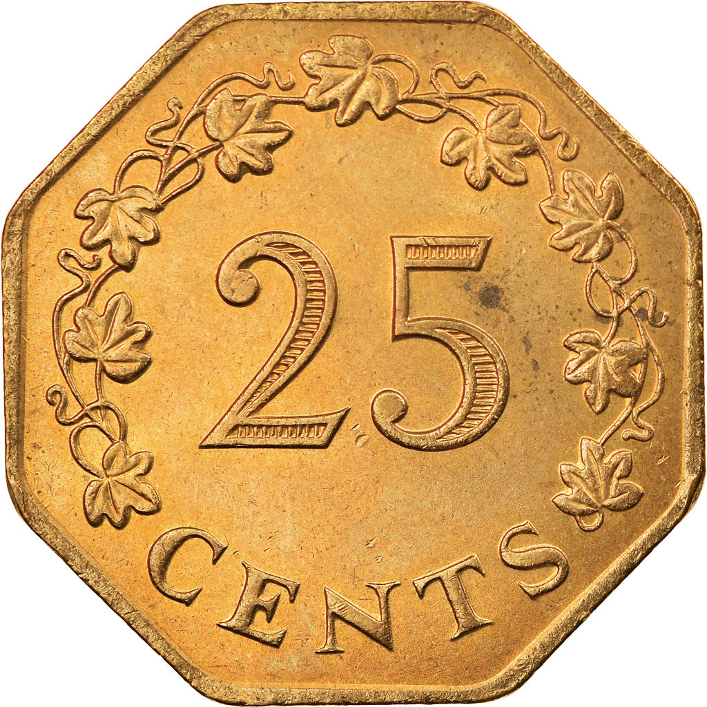Coin, Malta, 25 Cents, 1975, AU(50-53), Brass, KM:29