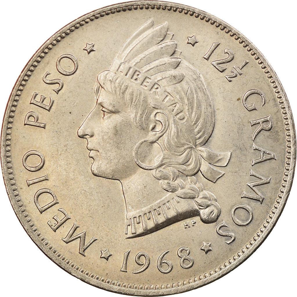 Moneda, República Dominicana, 1/2 Peso, 1968, MBC+, Cobre - níquel, KM:21a.1