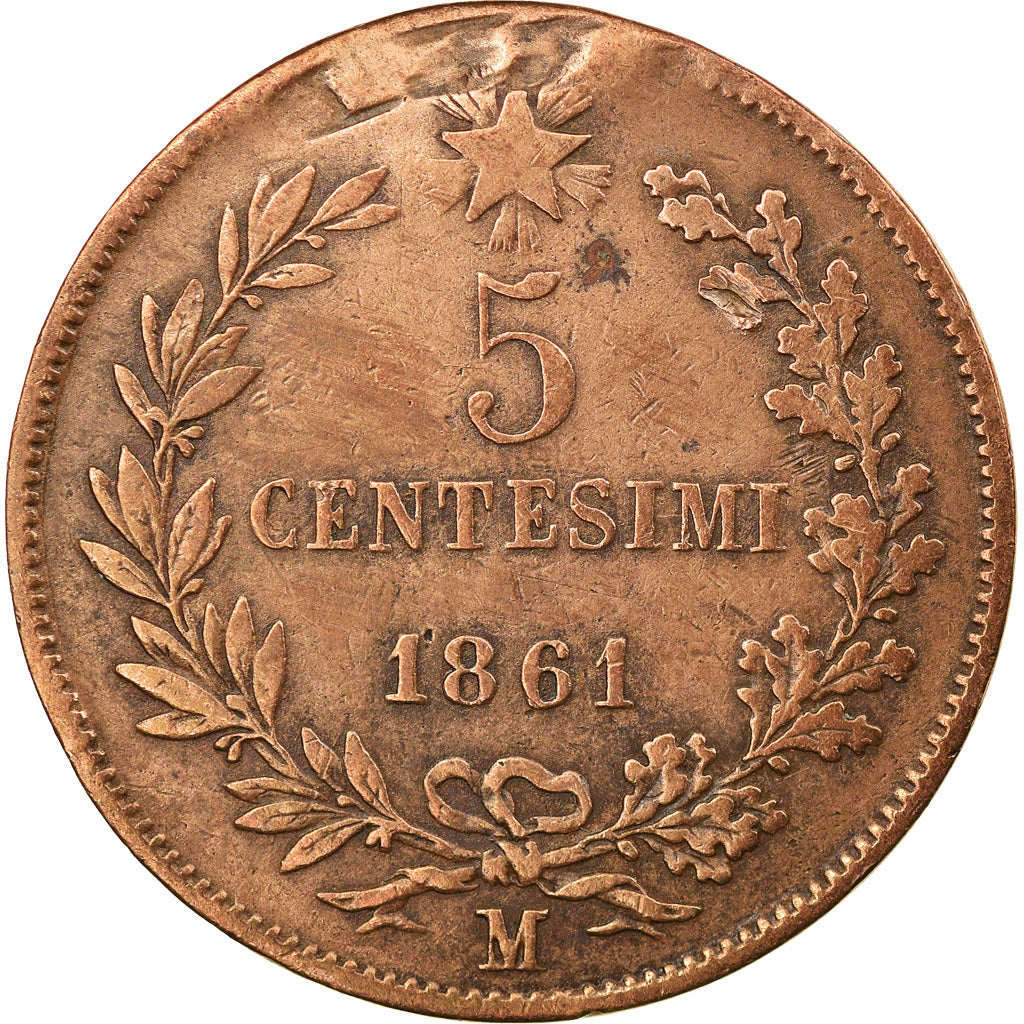 Coin, Italy, Vittorio Emanuele II, 5 Centesimi, 1861, Milan, EF(40-45), Copper
