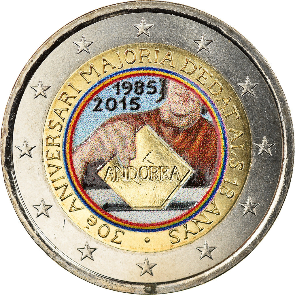 Andorra, 2 Euro, Majorité à 18 ans, 2015, Colourized, MS(63), Bi-Metallic